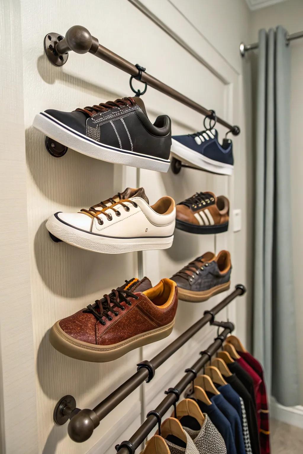 Window blinds rods give a unique shoe storage solution.