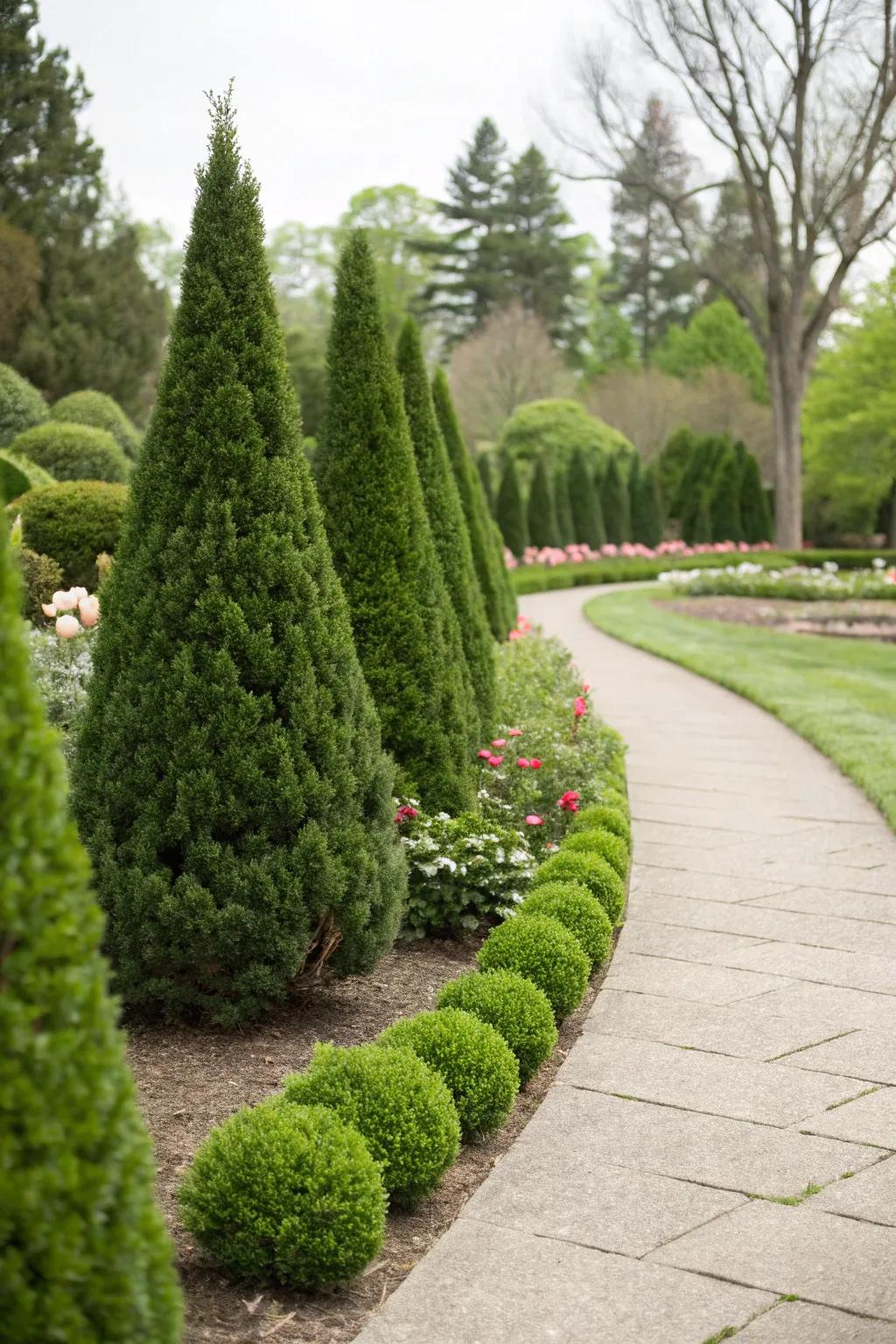 Evergreen boxwoods offering year-round beauty with minimal care.