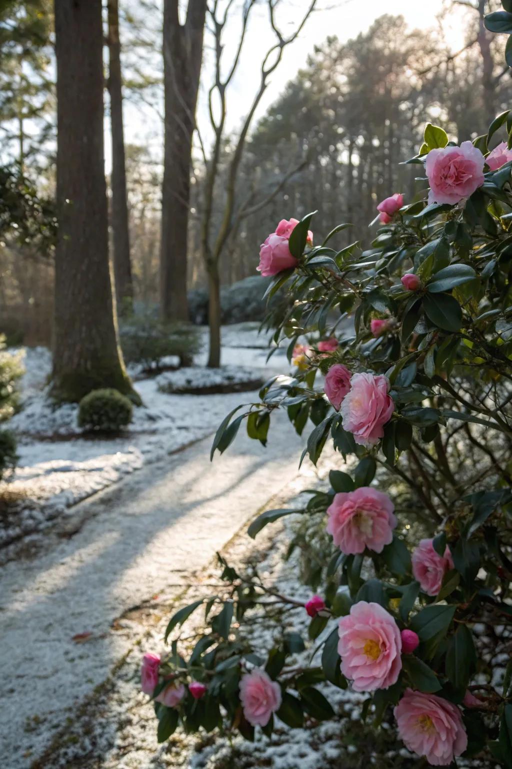 Camellias offer winter blooms with their rose-like flowers.