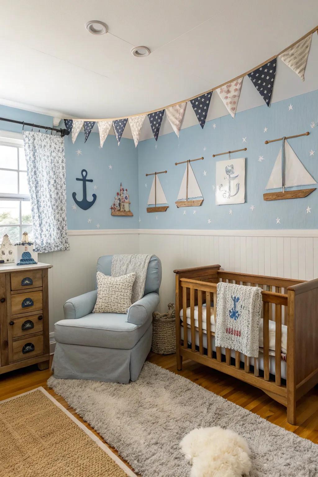 A modern seaside nursery with calming hues.