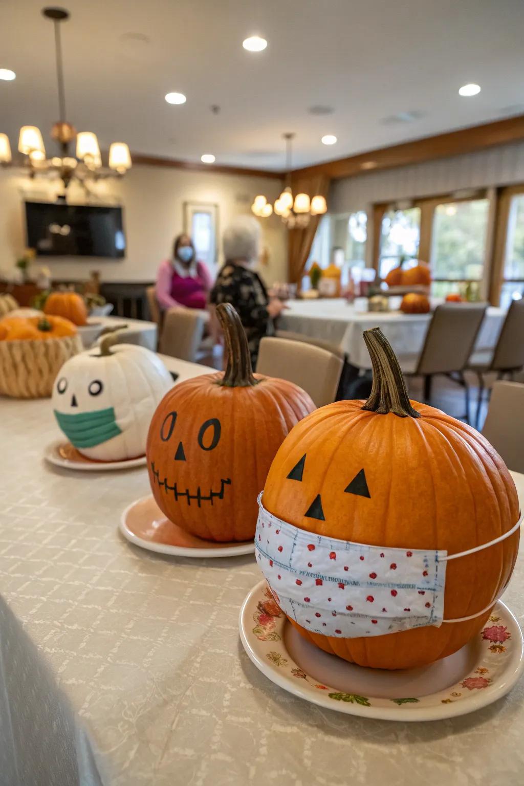 A masked pumpkin gathering adds elegance and intrigue.