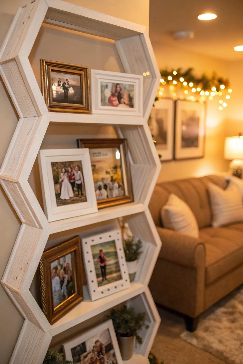 Family photos bring warmth to octagon shelves.