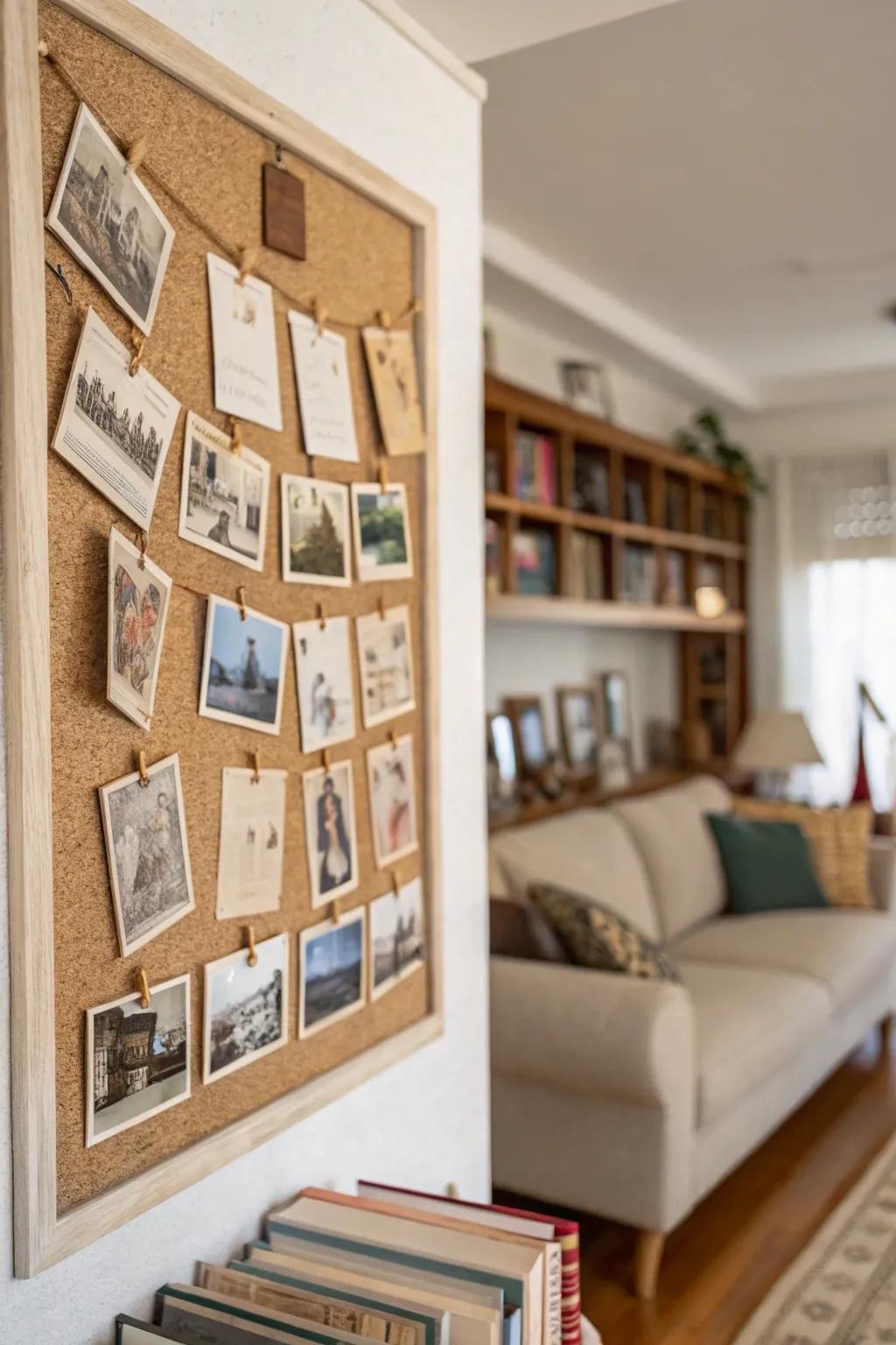 A living room bulletin board with vintage decor elements.