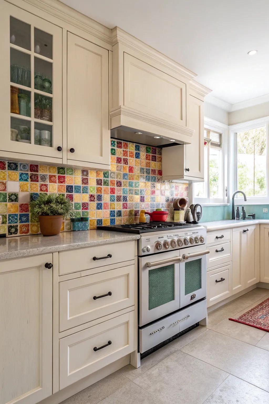 Colorful accents bring life to soft white kitchens.