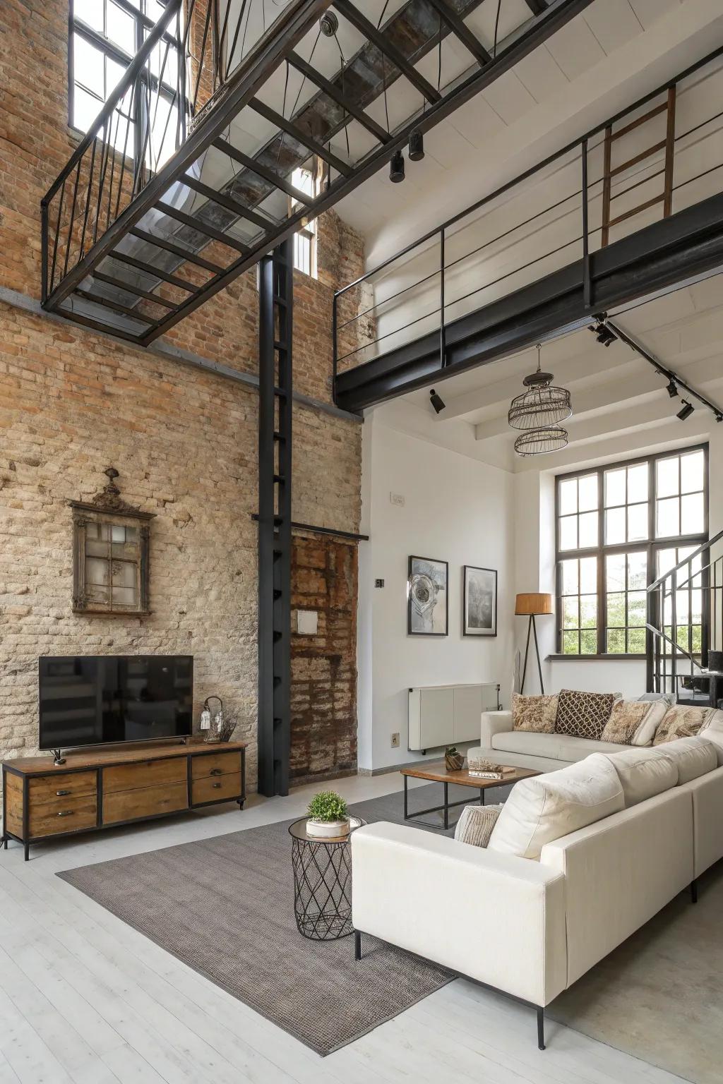 Factory aesthetic components introduce a modern edge to an off-white room.