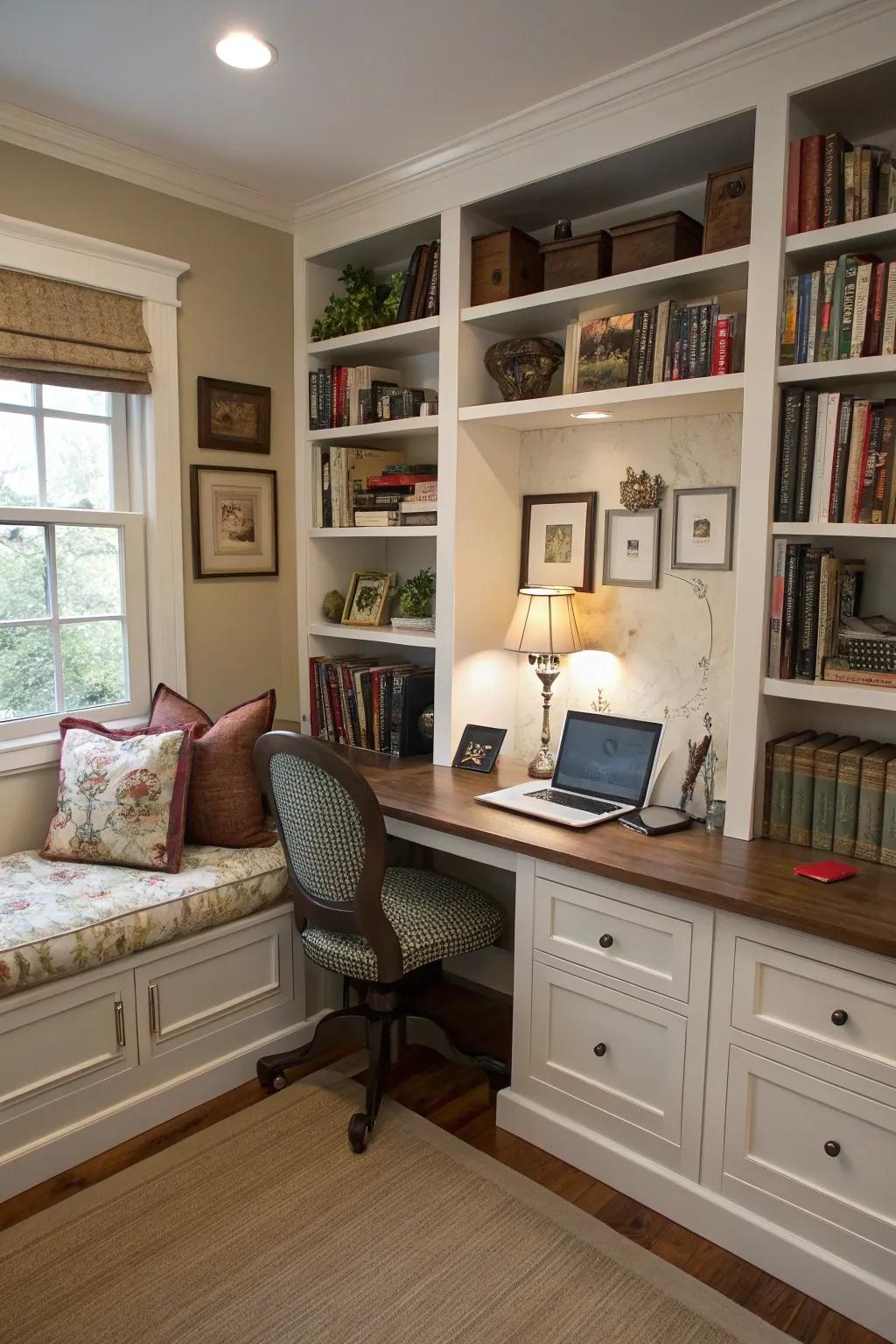Built-in seating for a snug office retreat.