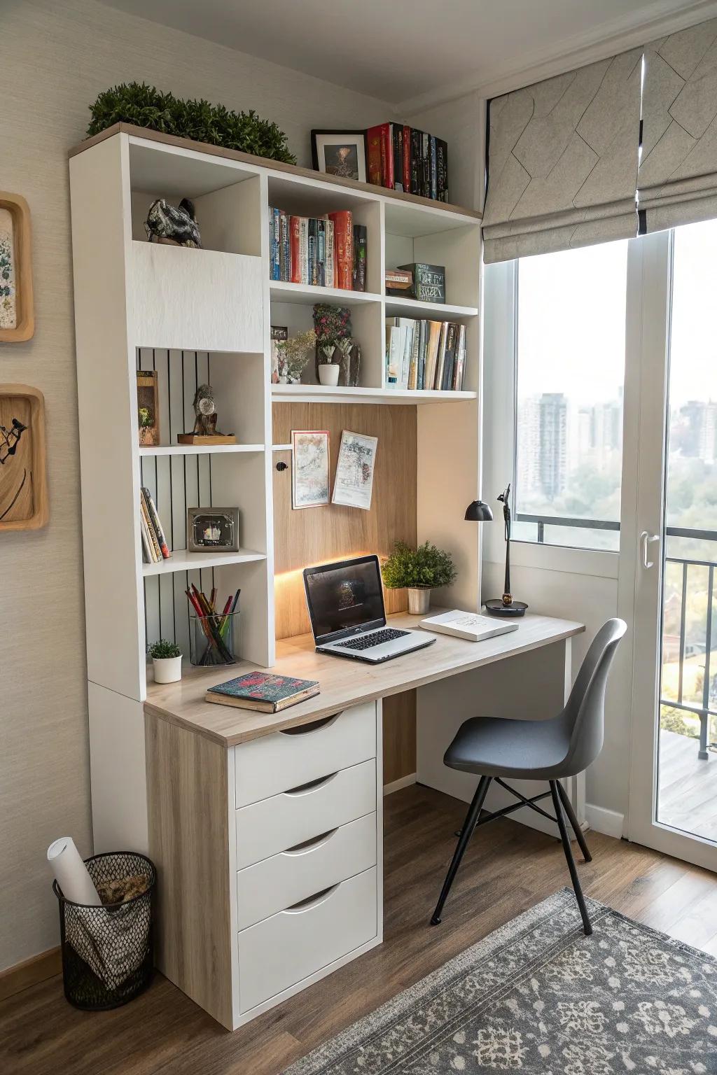 An adaptable angled workstation with adaptable surfaces adapts to your requisites.