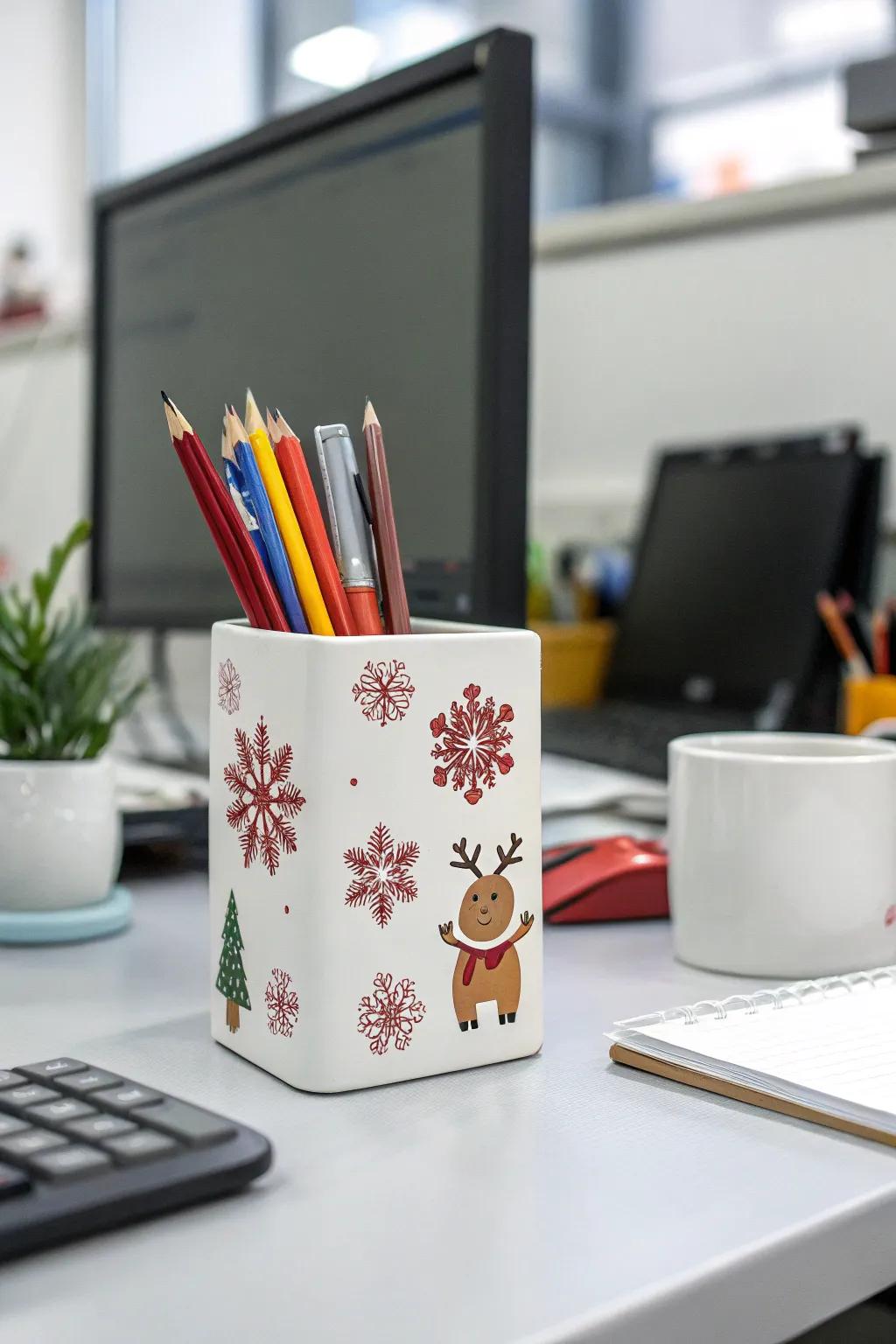 A festive writing tool holder adds a personal touch of holiday spirit.