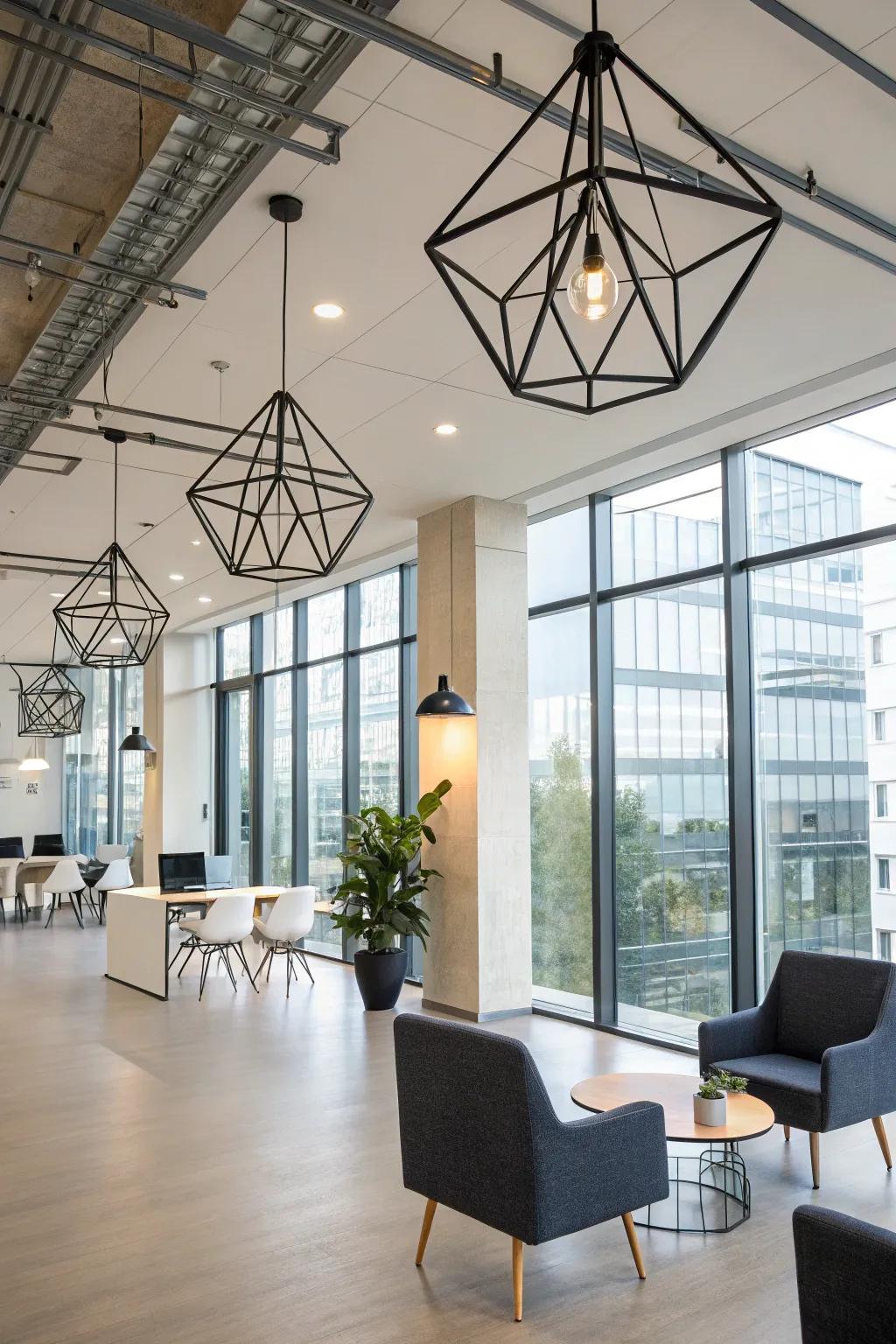 Introduce modern flair using geometric patterned pendant illumination.