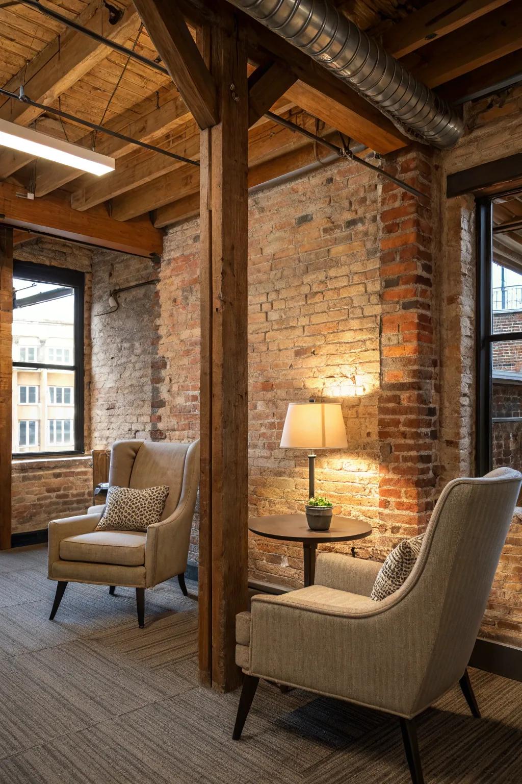 Exposed brick and wooden beams highlight the architectural charm in this reading space.