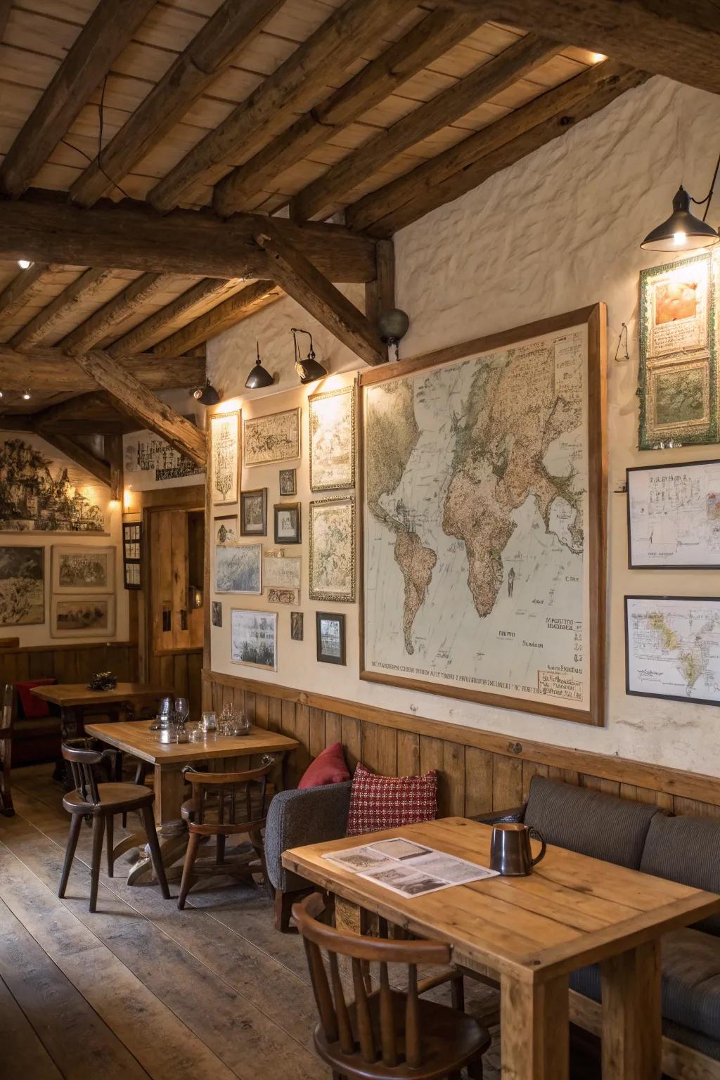 Unrefined retreat interior showcasing a feature wall decorated with classic maps.