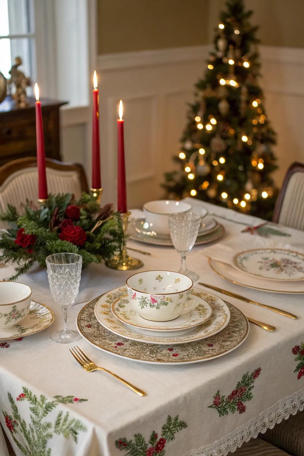 Vintage china and stylish linens create a ageless table setting.