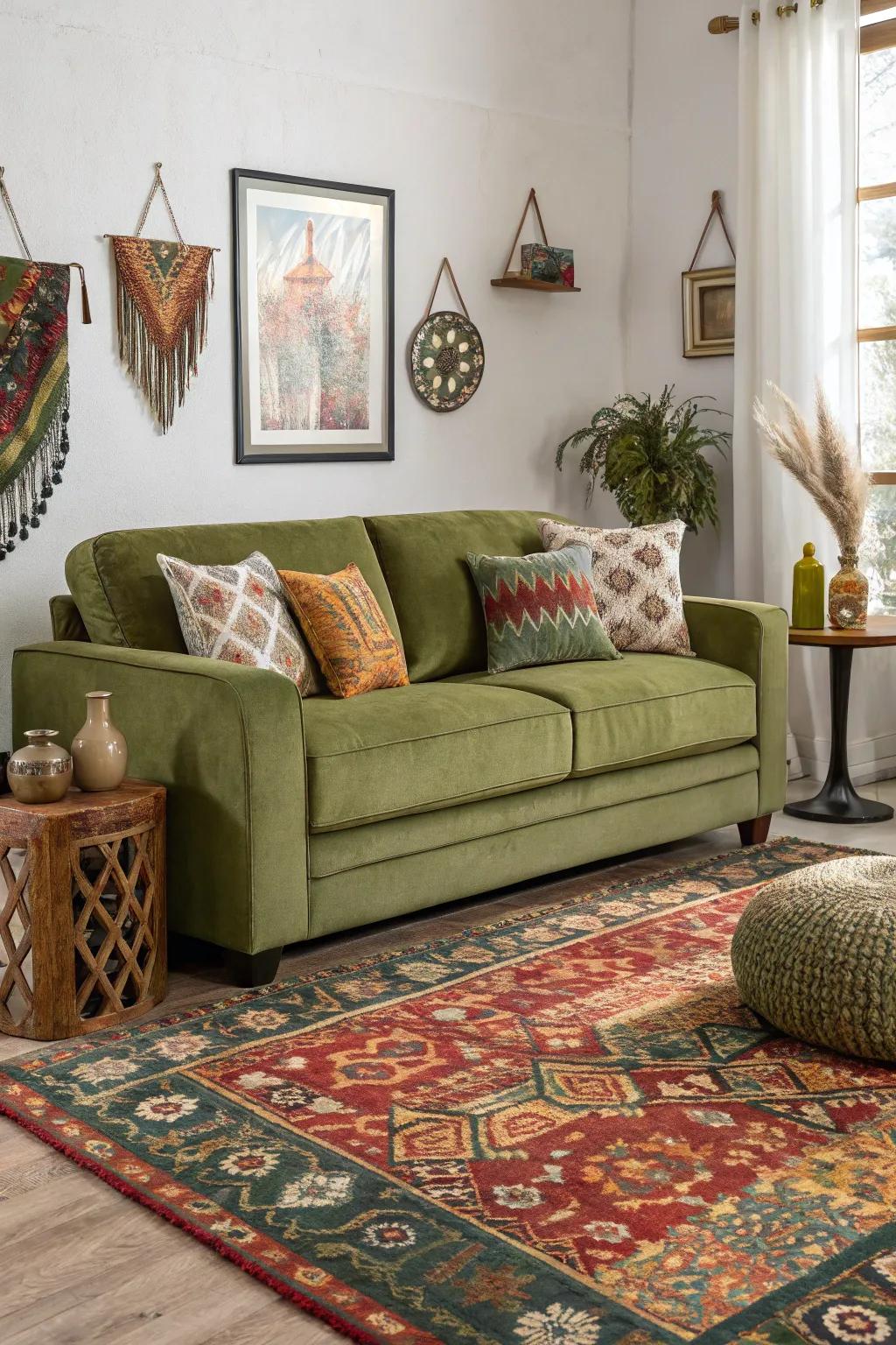 A dramatic rug secures the room and complements the couch.