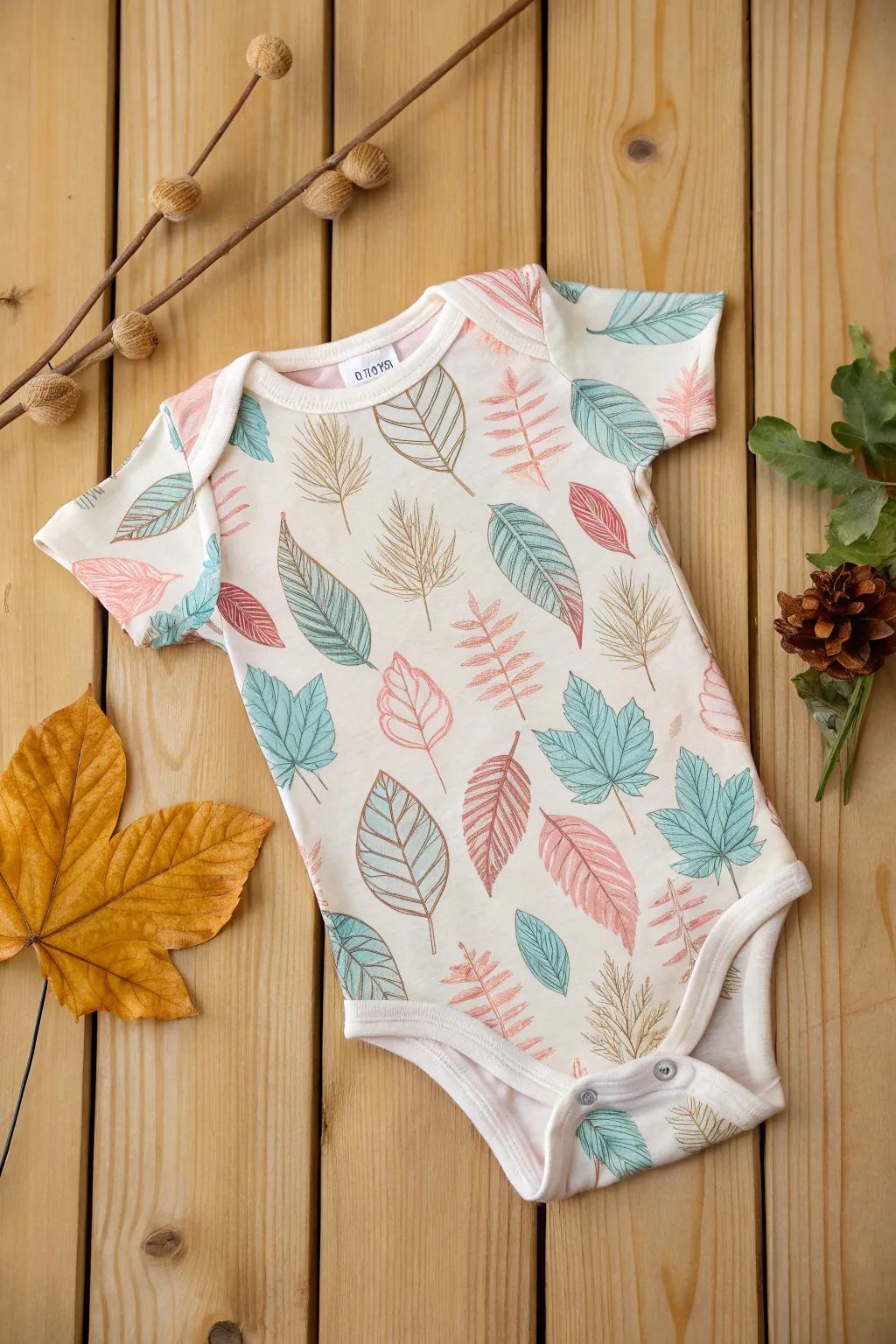 A nature-inspired onesie featuring beautiful leaf impressions.