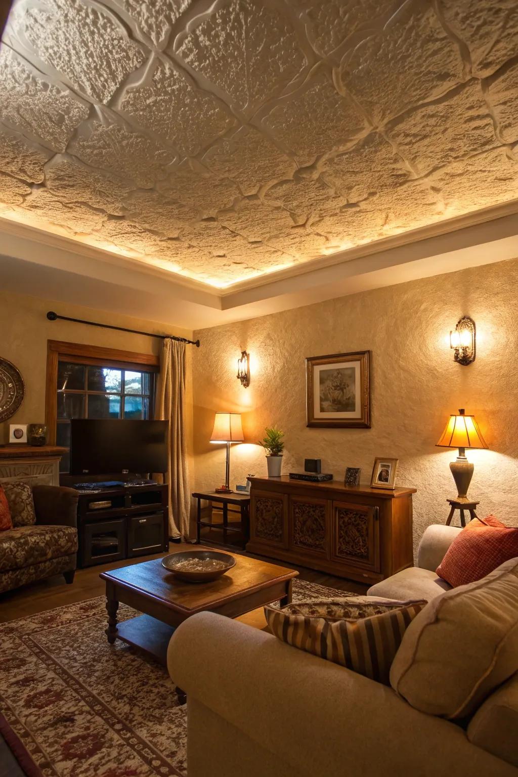A family room with a textured plaster ceiling that adds dimension and interest.