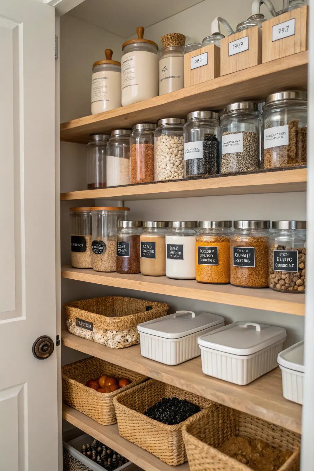 Name tags assure effortless recognition and structure within a pantry.