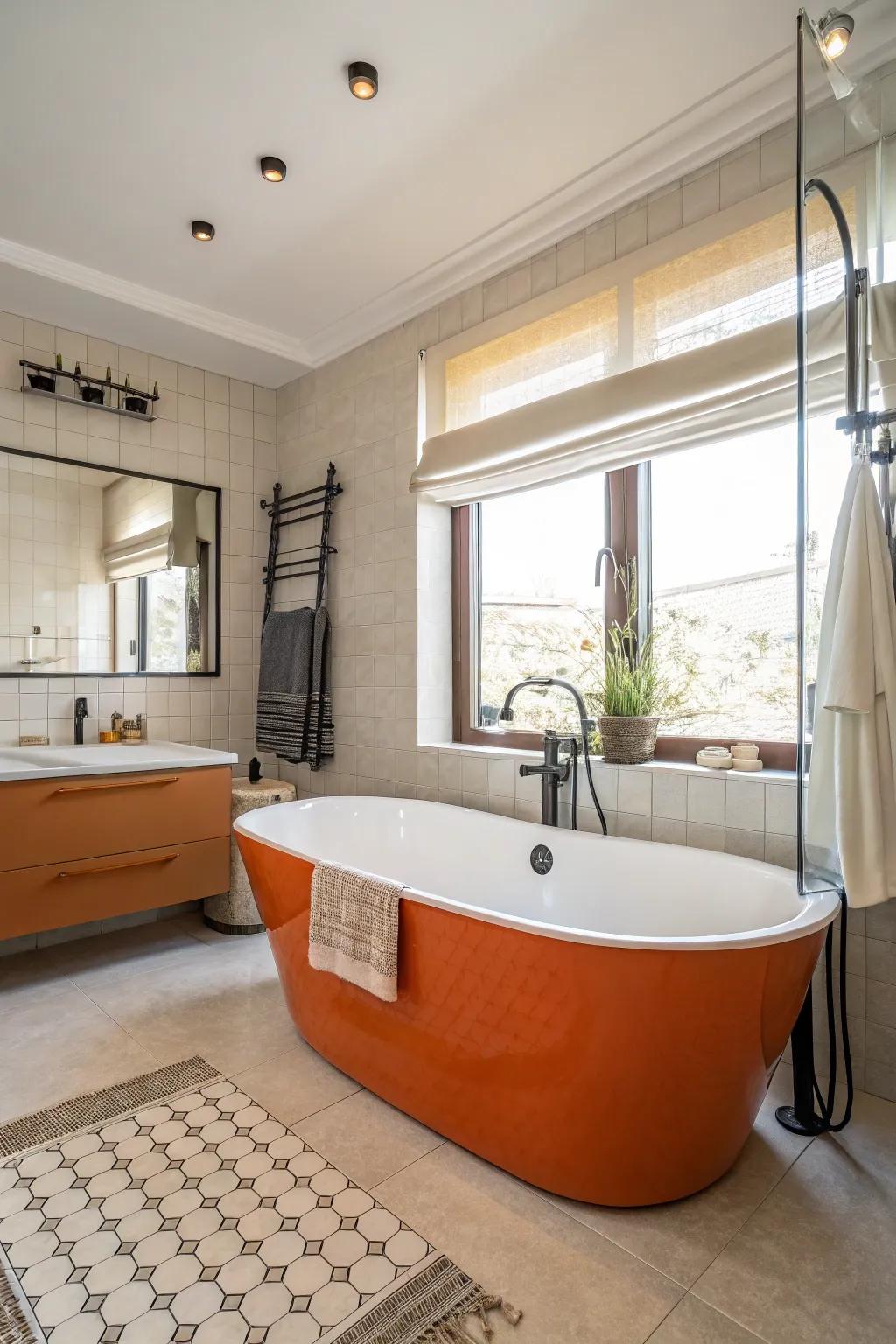 A detached citrus soaking tub serves as the bathroom's centerpiece.