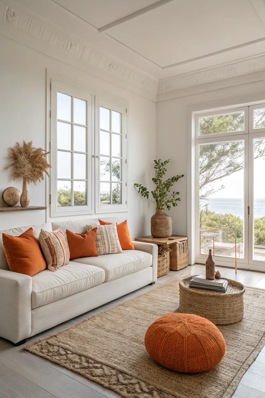 Minimalist layout encounters vibrancy with subtle tangerine touches.