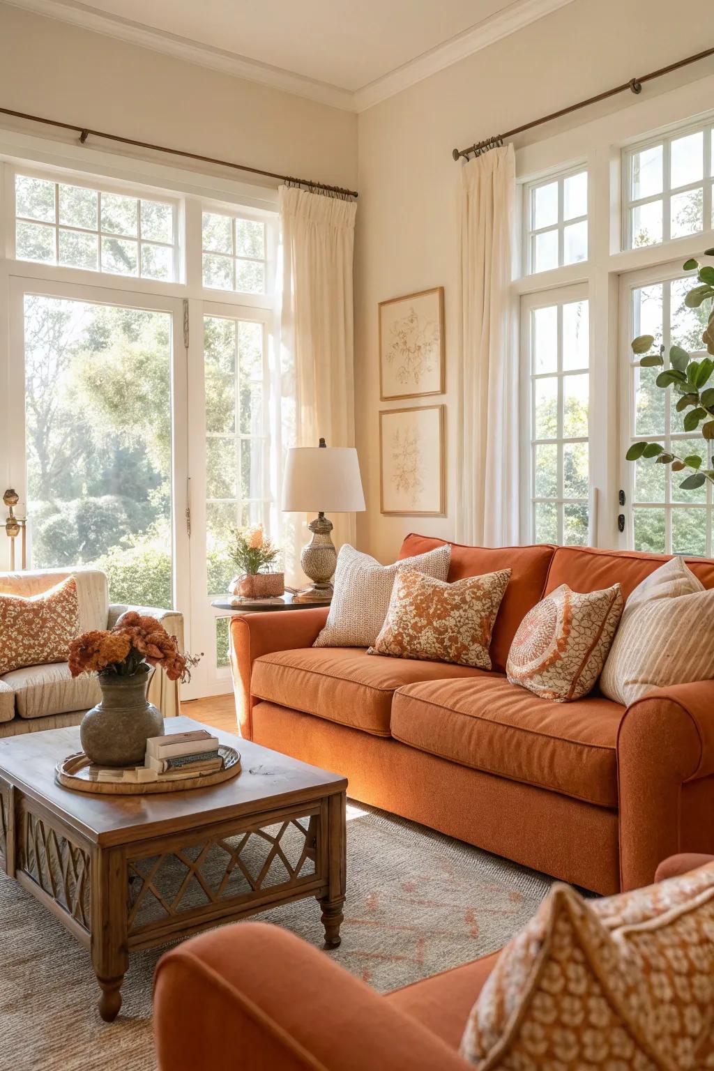 A harmonious living room featuring a blend of coral and neutral decor.