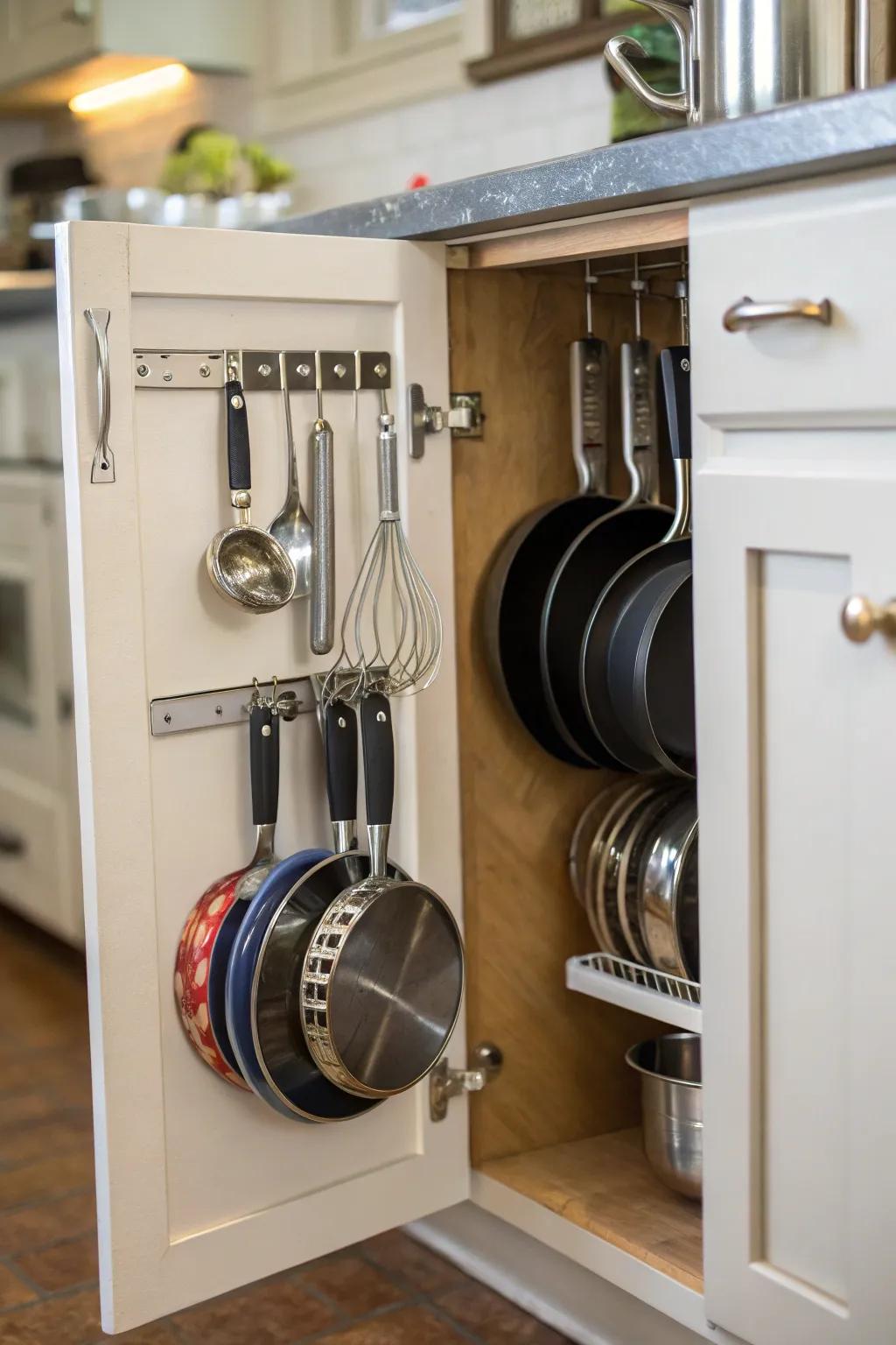 Hooks inside a cabinet door maximize storage space.