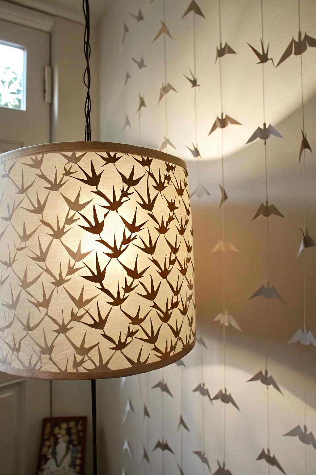 A luminaire shade that mesmerizes with crane silhouettes.