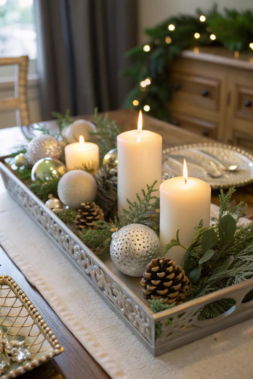 A stylish centerpiece showcasing an ornamental salver of baubles.