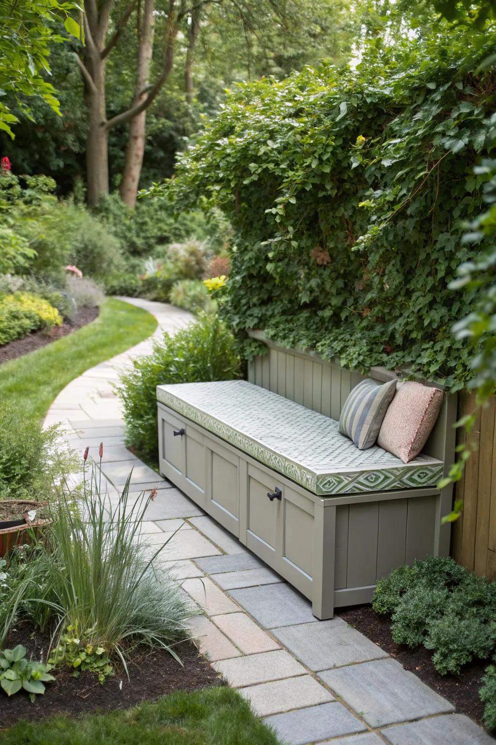 A bench with concealed storage for a clutter-free garden.