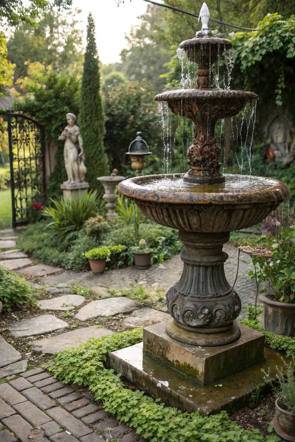 A retro vase fountain adding nostalgic charm.