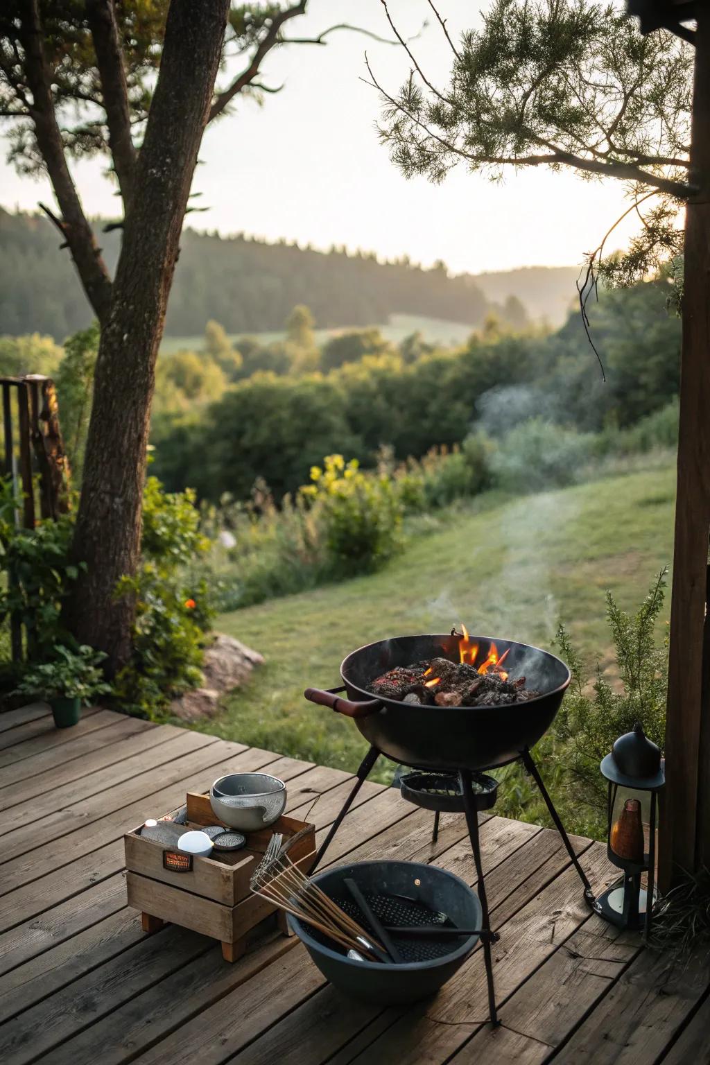 A charcoal grill offers an authentic BBQ experience with smoky flavors.