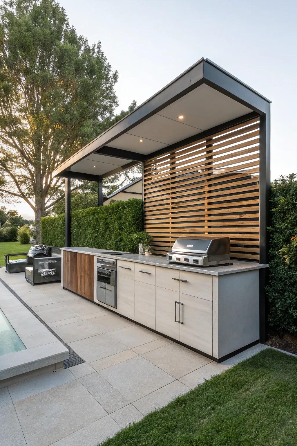 A functional outdoor kitchen island with a stylish slatted wall that offers extra storage.