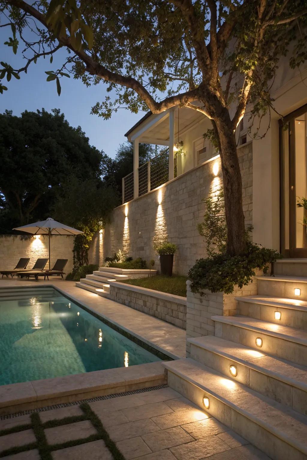 Hidden lights provide refined illumination without disrupting the view.