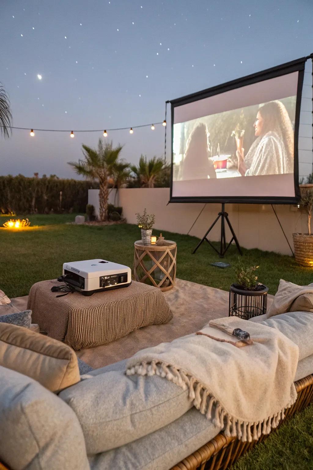 Relish a film evening under the heavens in your outdoor retreat.