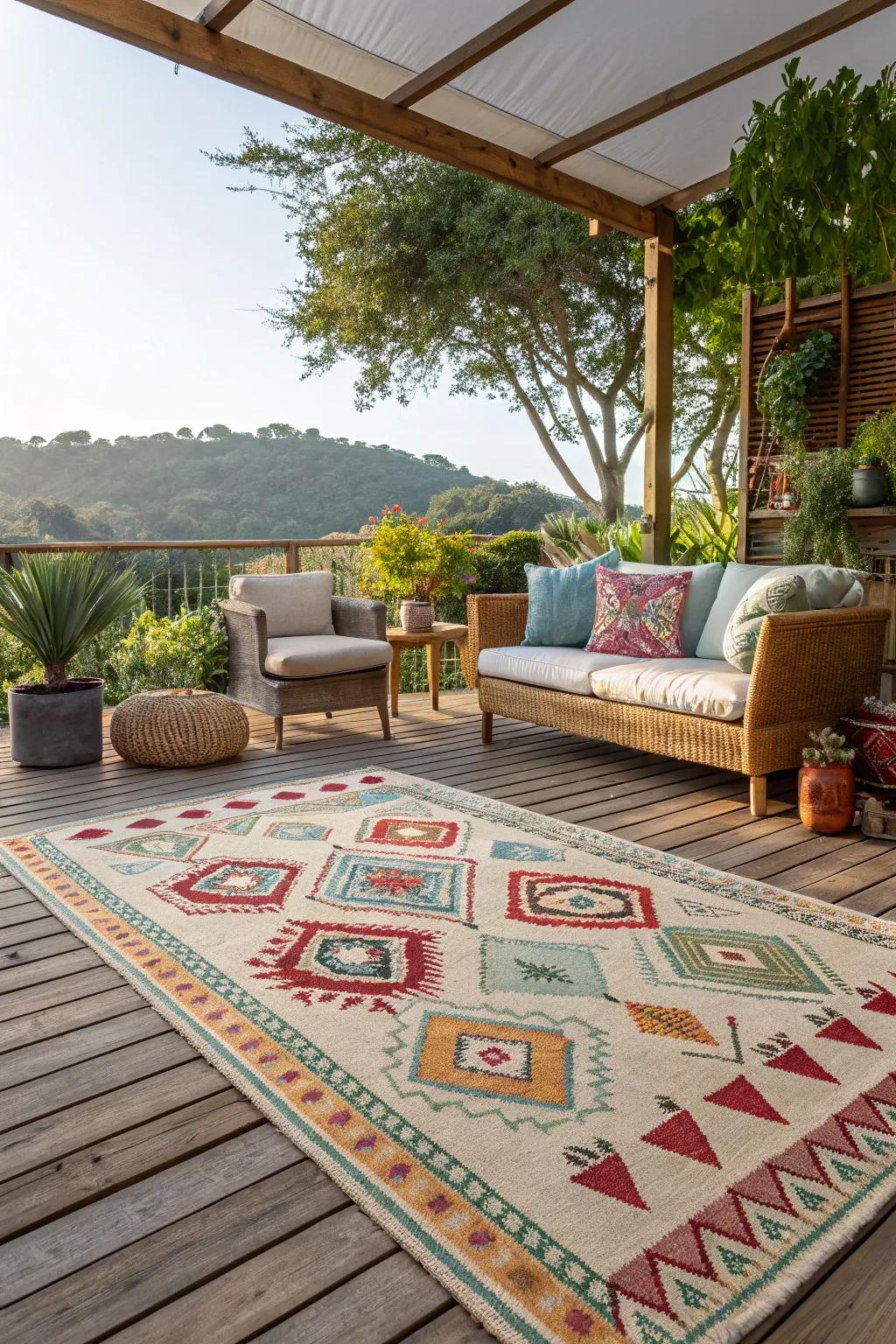 Outdoor rugs help define spaces and add personality to your patio.