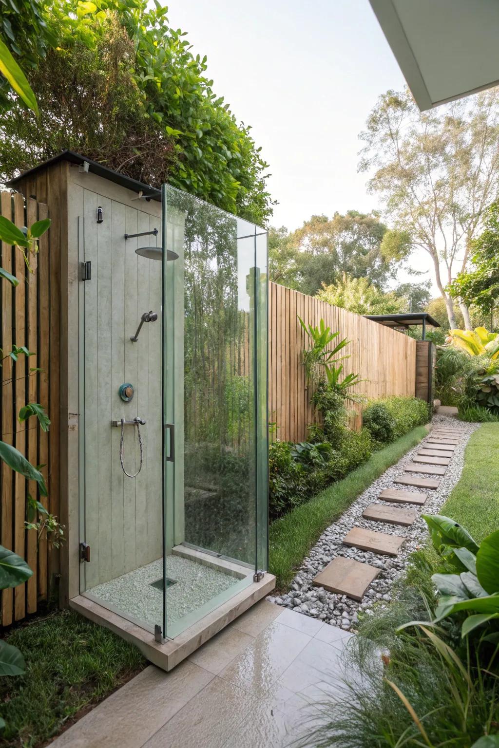 A modern outdoor shower featuring transparent crystal panels.