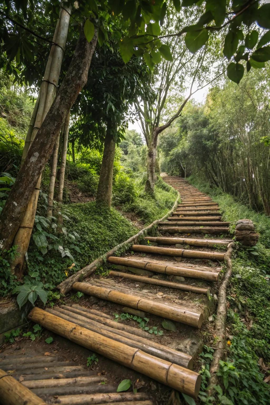 Cane and timber steps enhance natural vibes, offering sustainability.