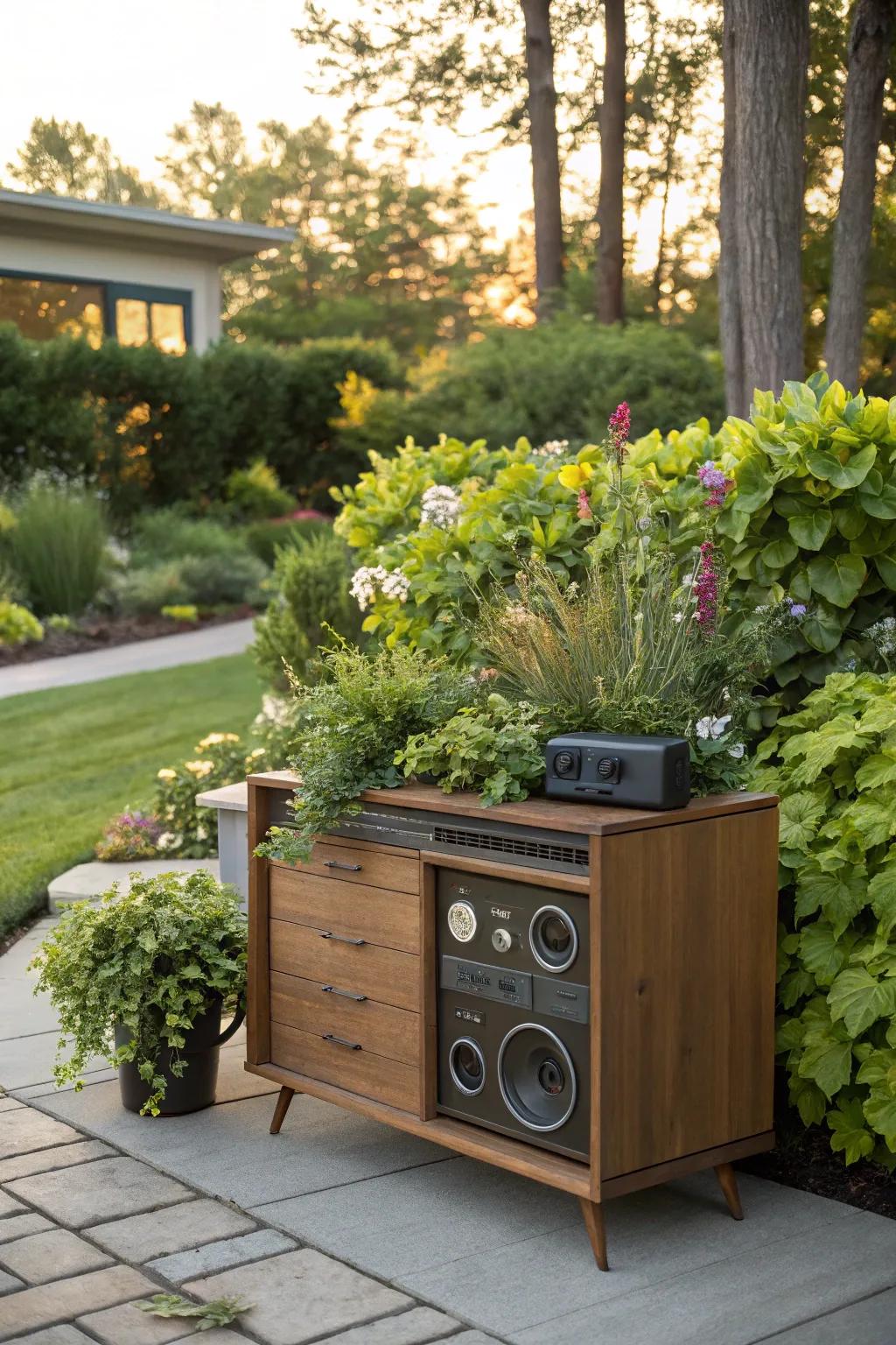 Planter-style cabinets intelligently conceal audio equipment within garden décor.