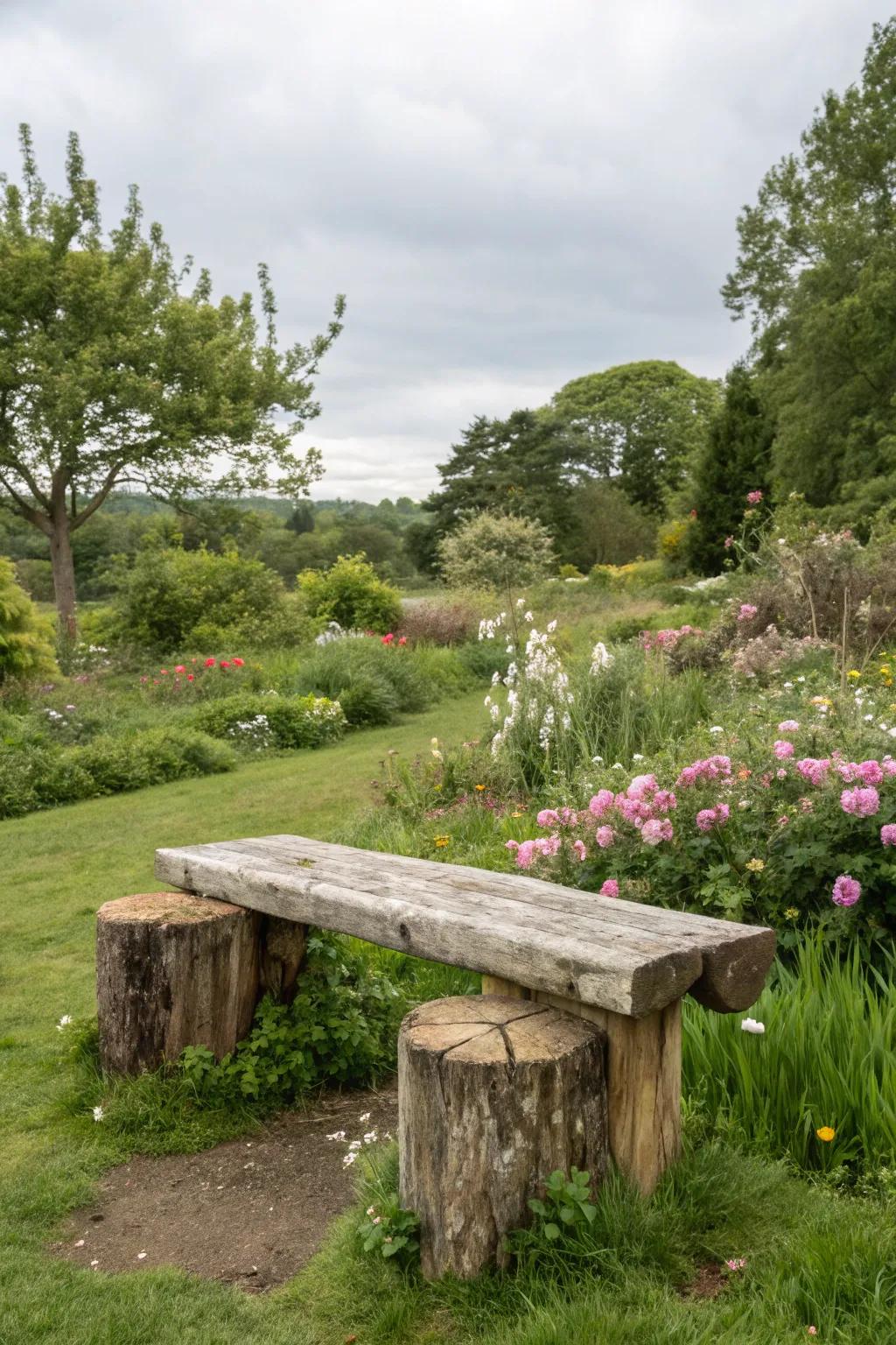 A garden seat from stumps offers a peaceful spot to sit.
