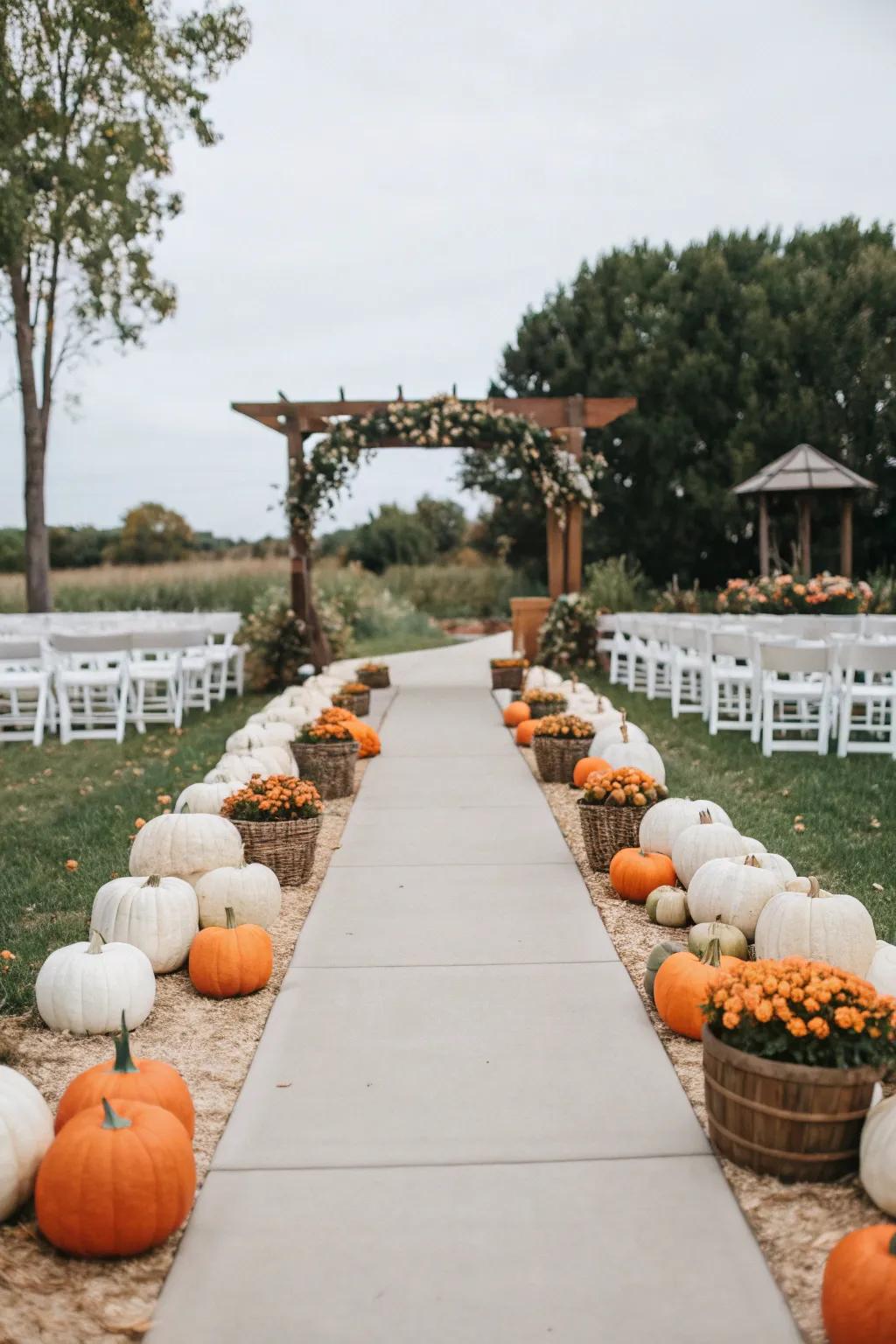 In-season pumpkins inject a harvest vibe into the wedding aisle.