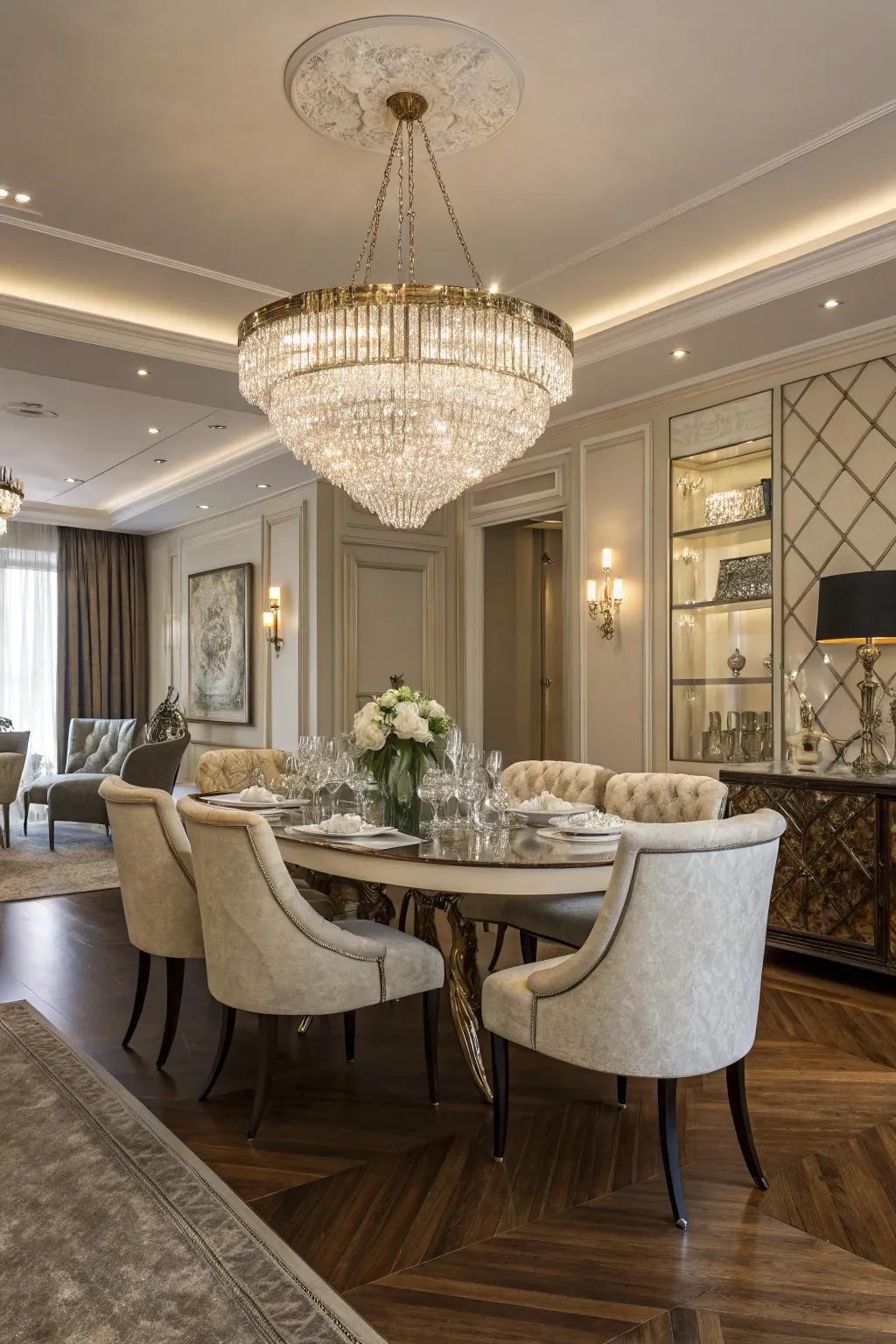 Crystal components inject glamour and sparkle into the dining room.