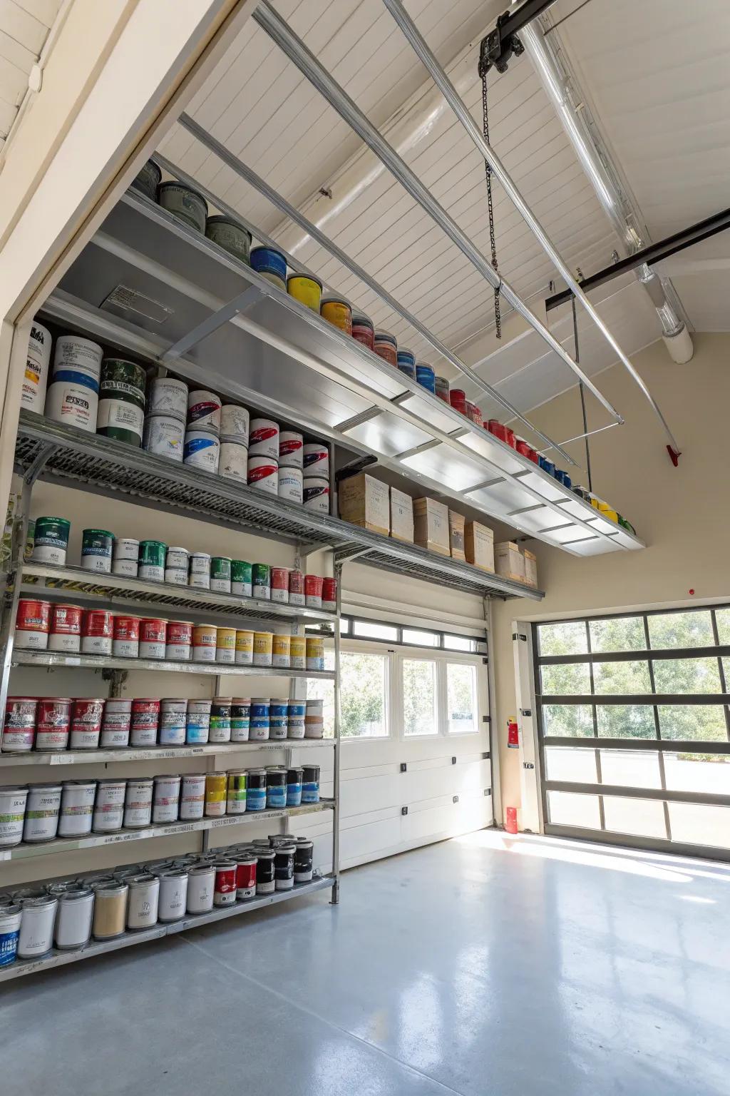 Elevated storage shelves with paint cans in a garage.