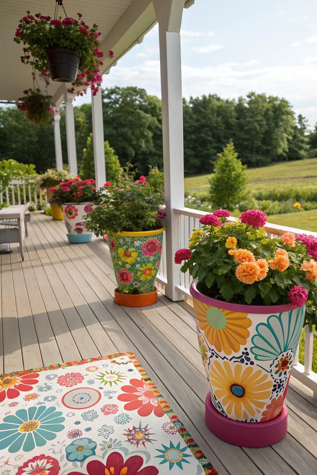 A deck adorned with brilliant botanical patterns, bringing the garden right to your door.