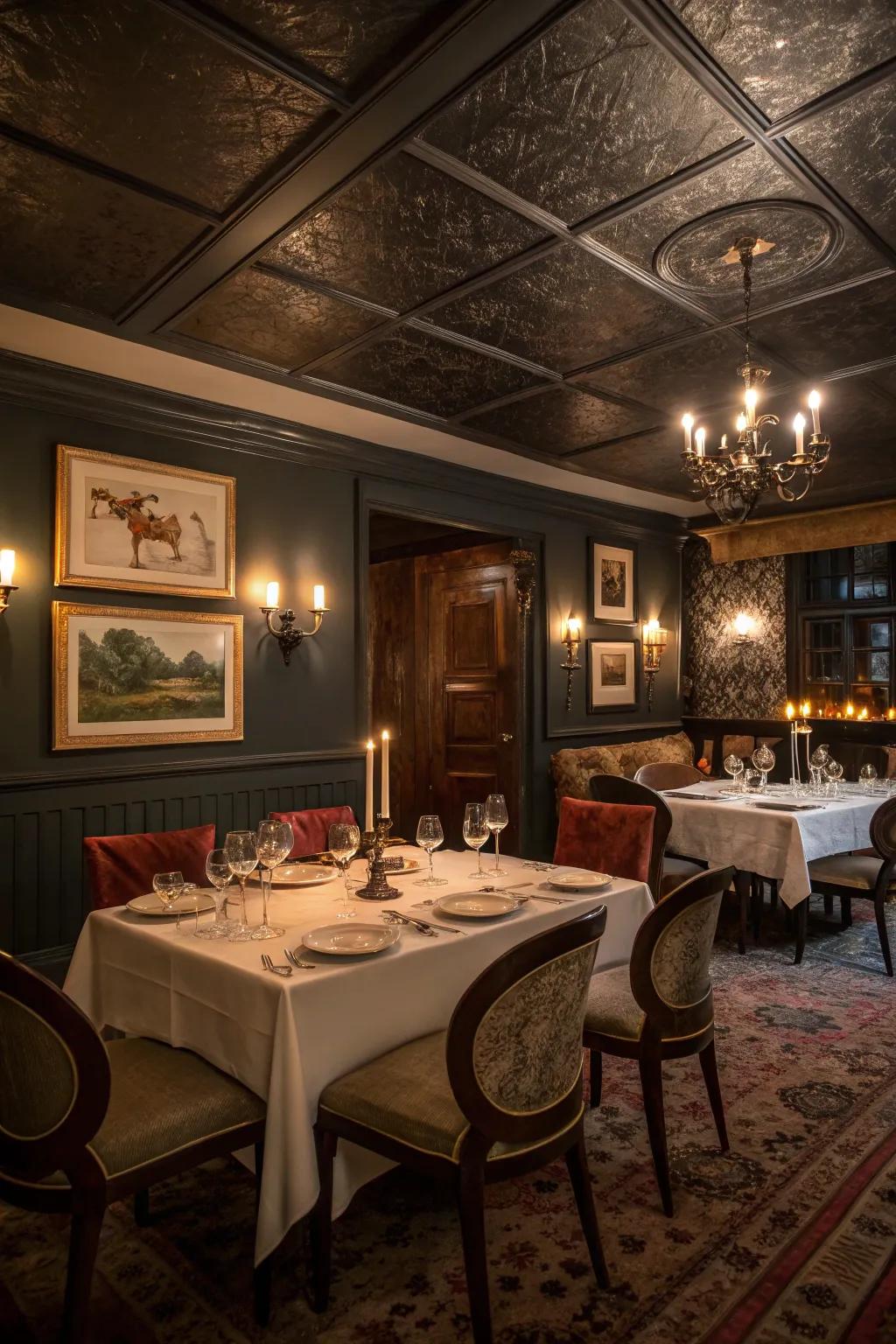 Dark overheads offer a cozy and inviting dining atmosphere.