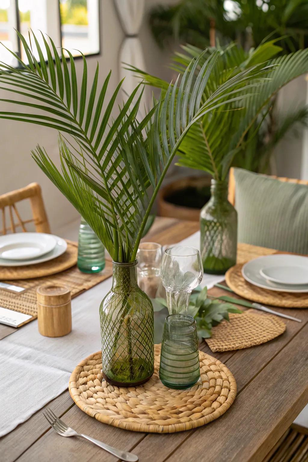 Eco-friendly materials harmonize with leafy fronds for a chic look.