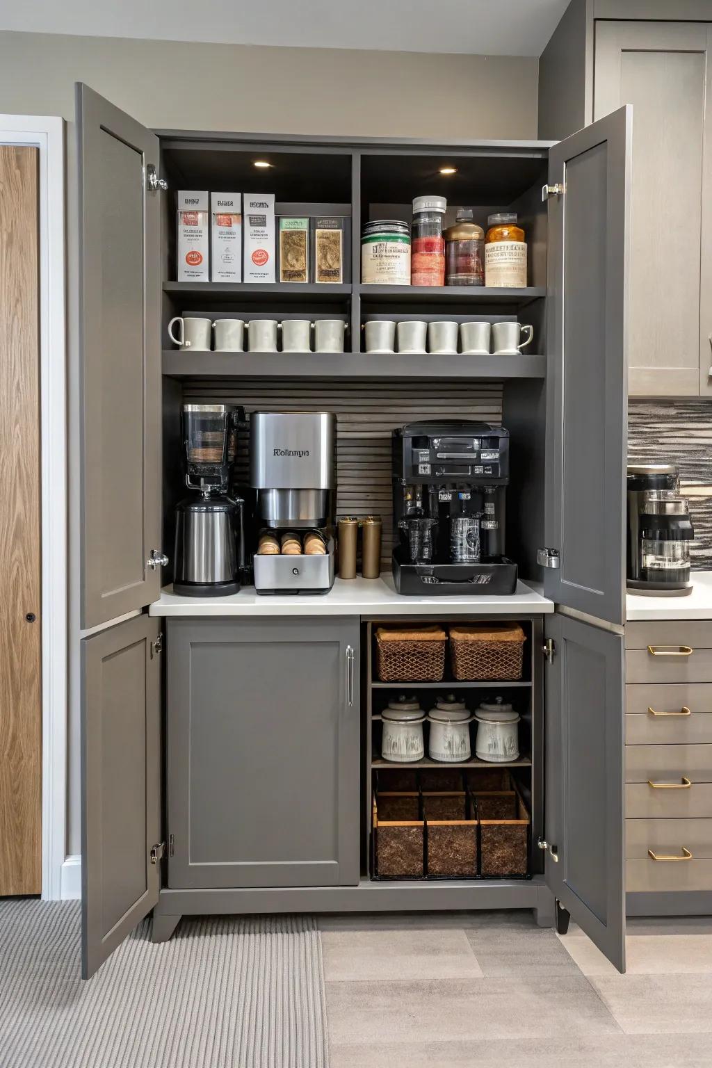 A hidden coffee bar keeps essentials out of sight with style.