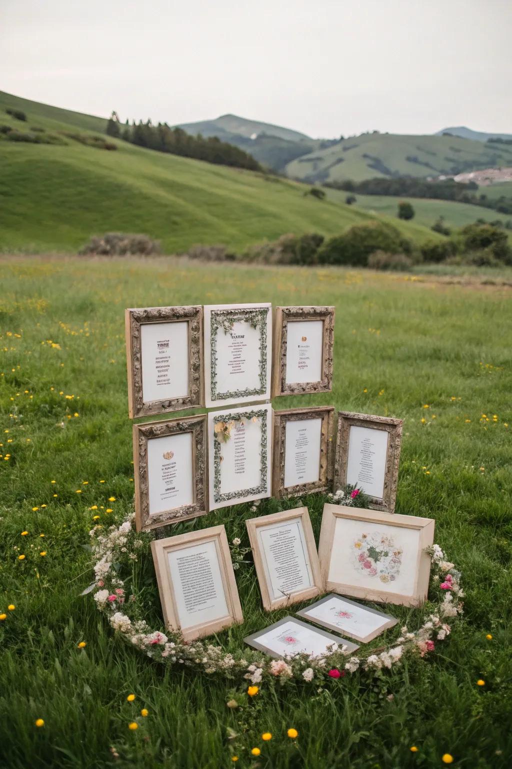 Vintage seating chart displayed in a creative way.