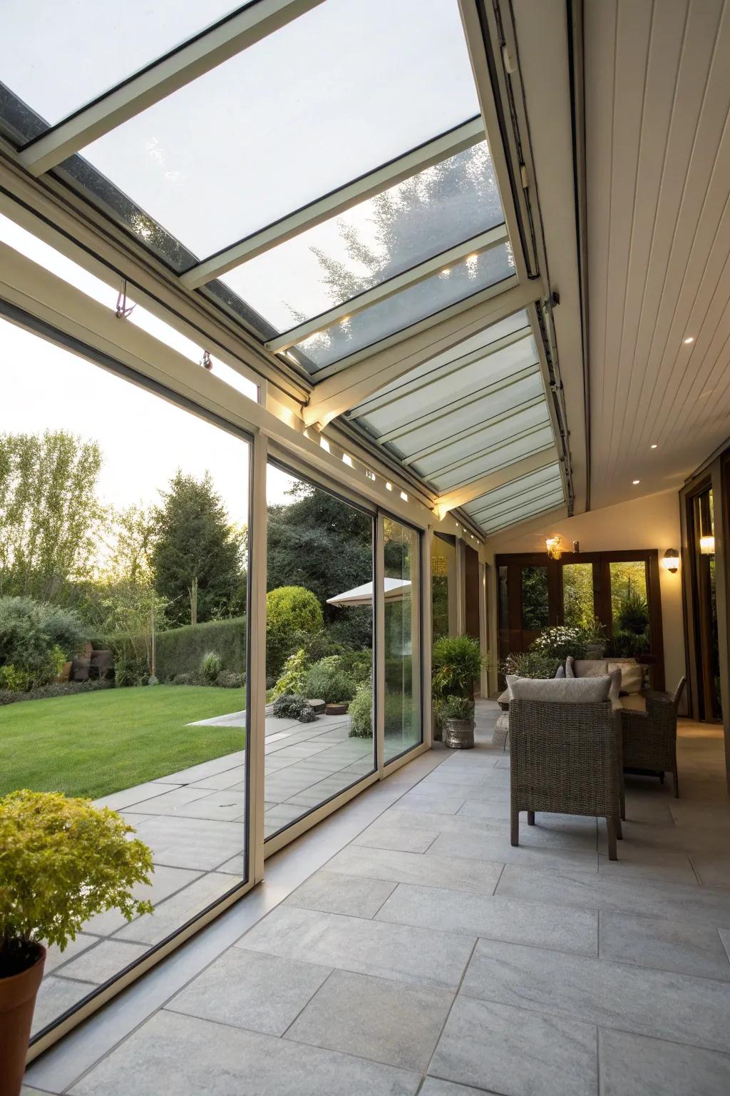 Pull-back crystal roofs present versatile and chic protection from showers.