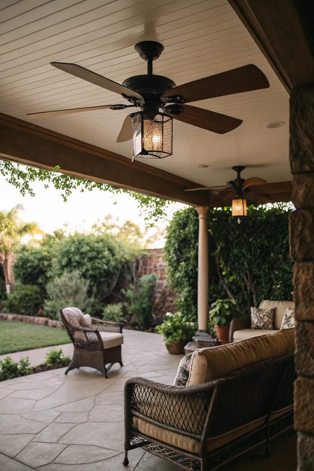 A cozy patio with a low-profile ceiling fan for intimate gatherings.