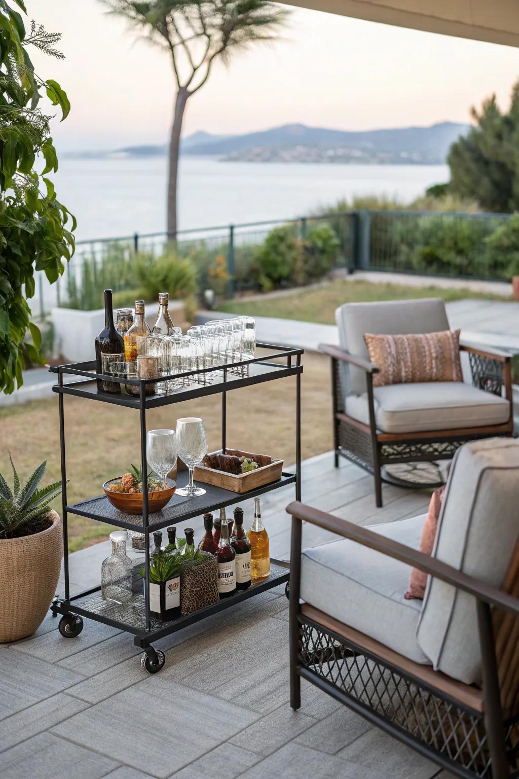 A bar cart brings style and functionality to outdoor entertaining.