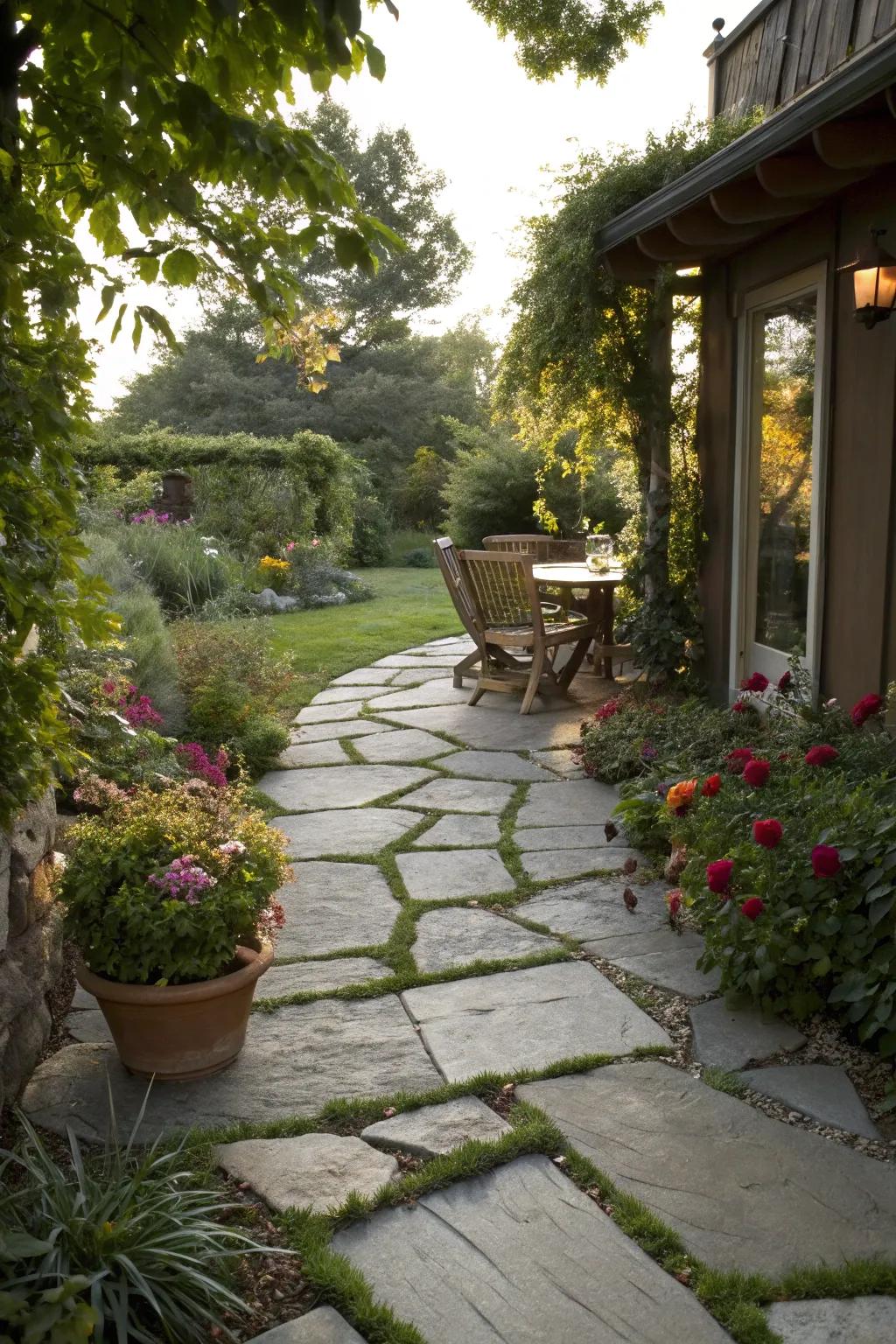 A stone pathway creating a charming entrance to a patio.