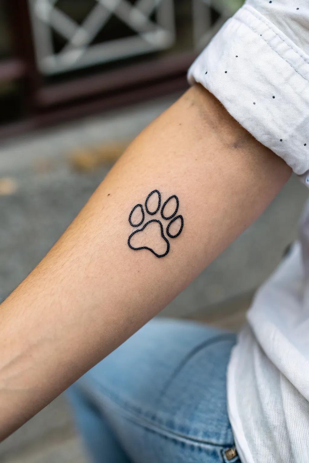 A minimalist paw print body art as a personal tribute.